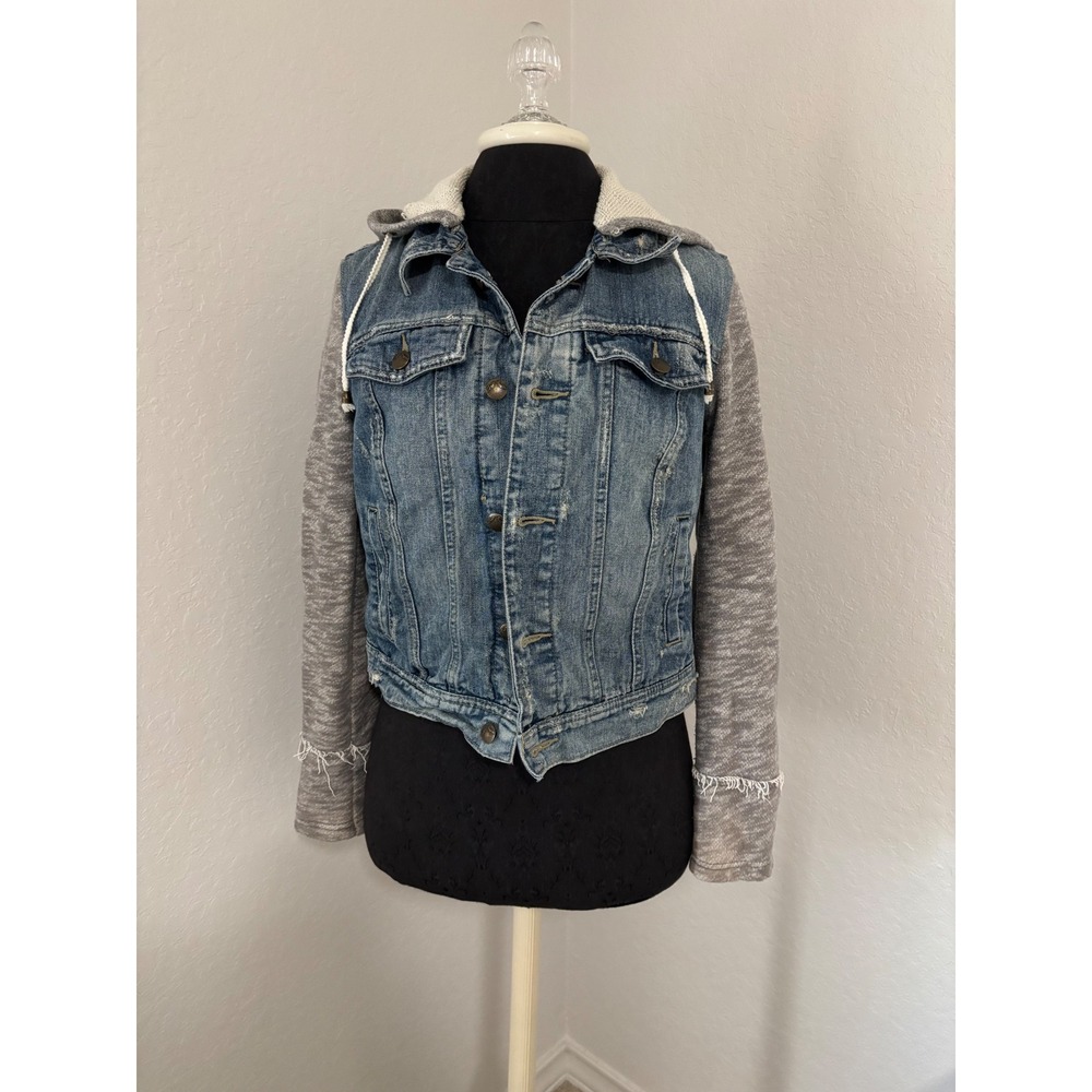 Free People Hooded Denim Jacket Blue Grey Mixed Media Distressed Trucker Small